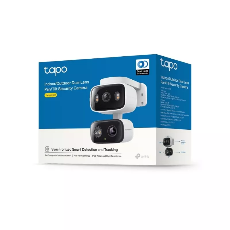 IP apsaugos kamera TP-LINK Tapo C246D — 3MP (2304×1296), 2,8 mm, 107,8° FOV, PTZ dviejų objektyvų, IP65, Wi-Fi/Gigabit, microSD iki 512 GB