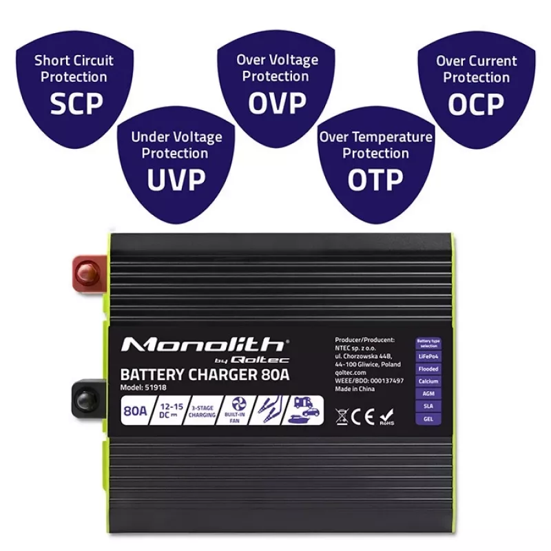 Įkroviklis QOLTEC 51918 80A 12V LiFePO4, AGM, GEL, SLA akumuliatoriams