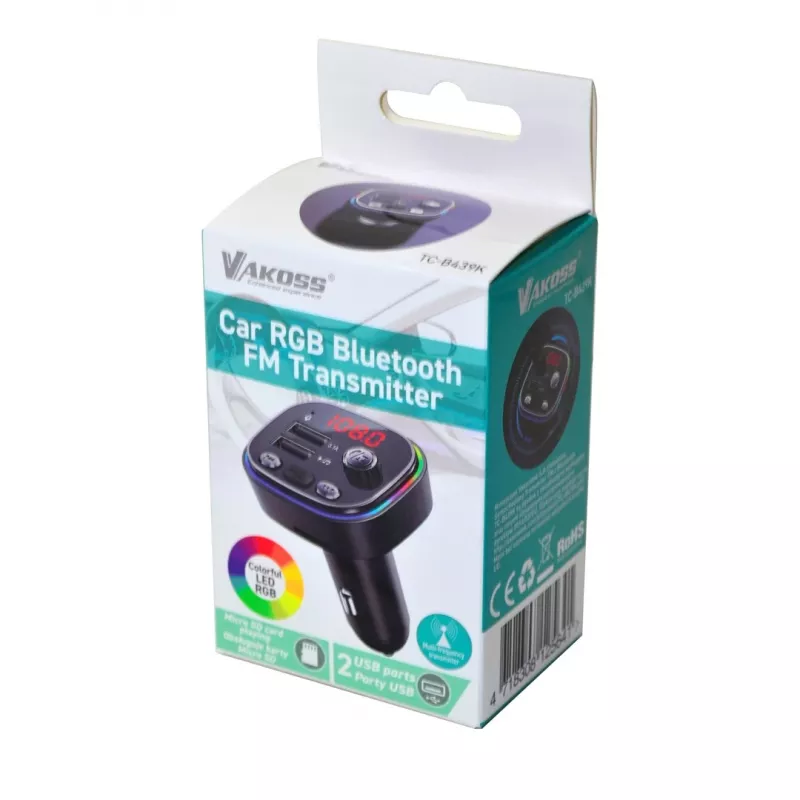FM siųstuvas VAKOSS TC-B439K Bluetooth USB, 87.5–108 MHz, microSD/USB atkūrimas, 5V/3.1A išėjimas, RGB ekranas