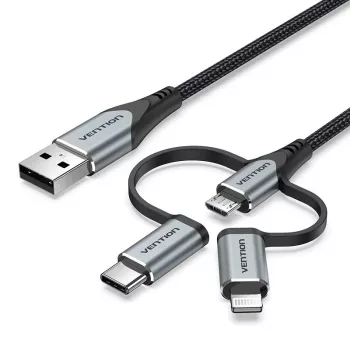 Vention USB 2.0 A kištukas į 3-in-1 Micro-B, USB-C, Lightning kištuką 1 m pilkas aliuminio lydinio laidas