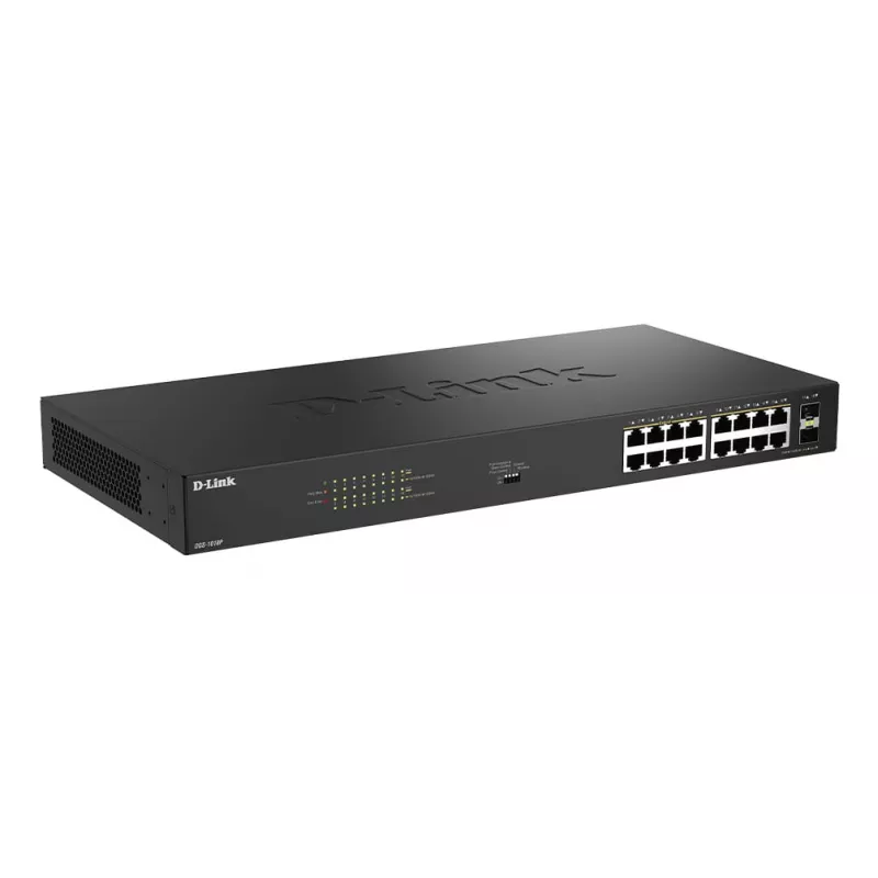 D-Link 18 prievadų nevaldomas Gigabit PoE jungiklis DGS-1018P/E — 16 x Gigabit RJ-45, PoE (IEEE 802.3af/at), 36 Gbit/s perjungimo talpa