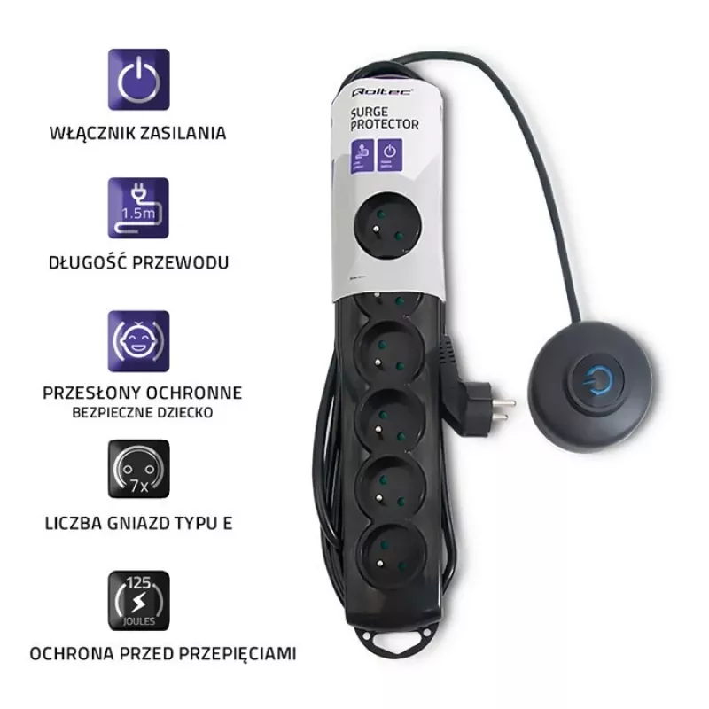 Apsauginis nuo viršįtampių filtras Qoltec 50171, 7 rozetės, 230 V, 1,5 m, juodas