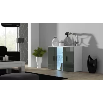Komoda Cama Meble SOHO S7, 120 cm, balta/pilka blizgi, 3 durys, 4 lentynos