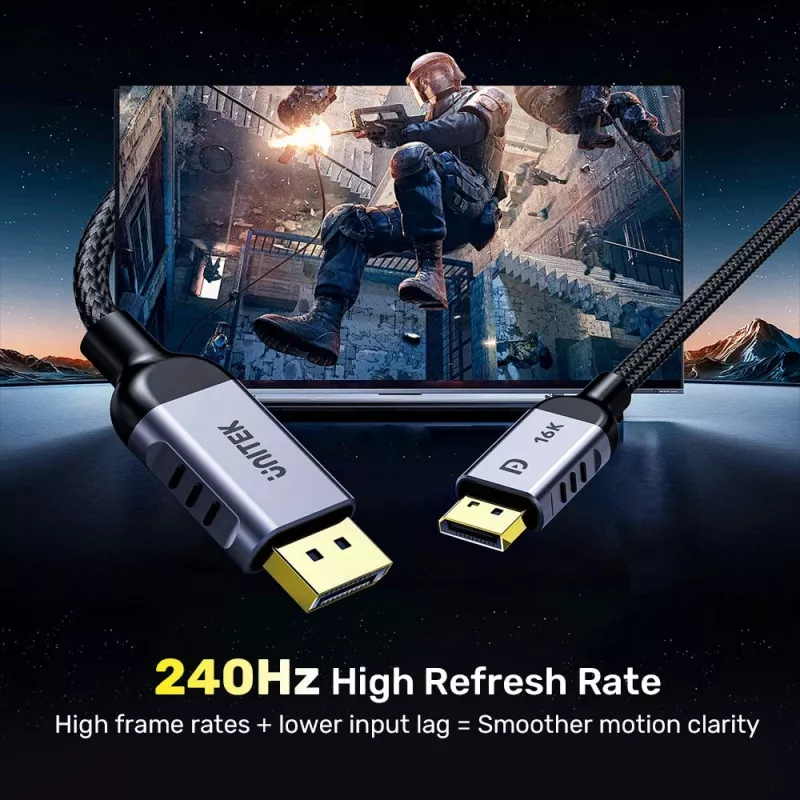 DisplayPort kabelis Unitek C1626GY01-1.5M — 1,5 m, DisplayPort 2.1, Kištukinis-Kištukinis, 360 Hz, 15360×8640, Pilka