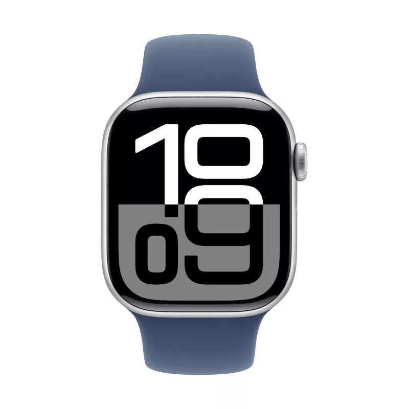 Apple Watch Series 10 GPS 42 mm sidabrinis aliuminio korpusas su džinsiniu sportiniu dirželiu S/M