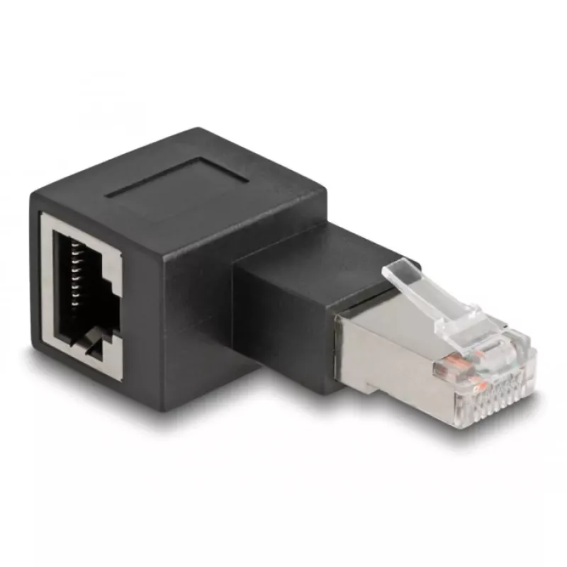 DeLOCK RJ45 kištukas į RJ45 lizdą adapteris Cat.6A 90° kairėn juodas
