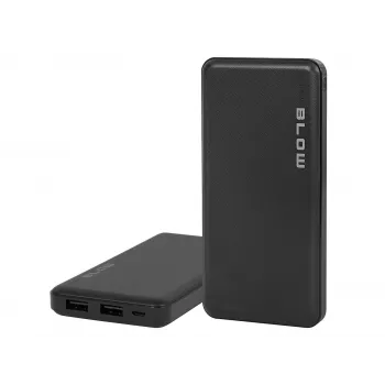 Nešiojamas power bank BLOW PB10A 10000mAh polimerinė baterija, 2x USB-A išėjimai, 22,5W bendra galia, Micro‑USB įėjimas, juoda