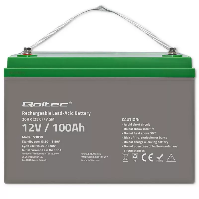 Qoltec 53038 AGM akumuliatorius | 12V | 100Ah | maks. 1200A