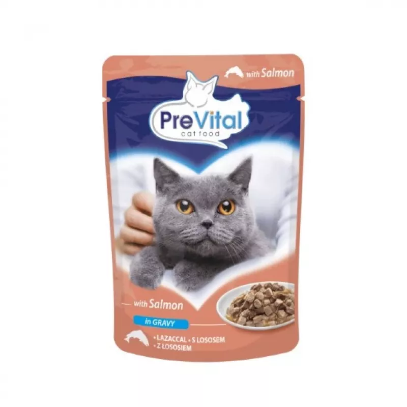 Šlapias kačių ėdalas PREVITAL Cat Food Mix 4 skoniai – vištiena, veršiena, lašiša, paukštiena, 96 x 100 g paketėliai (9,6 kg, suaugusioms katėms)