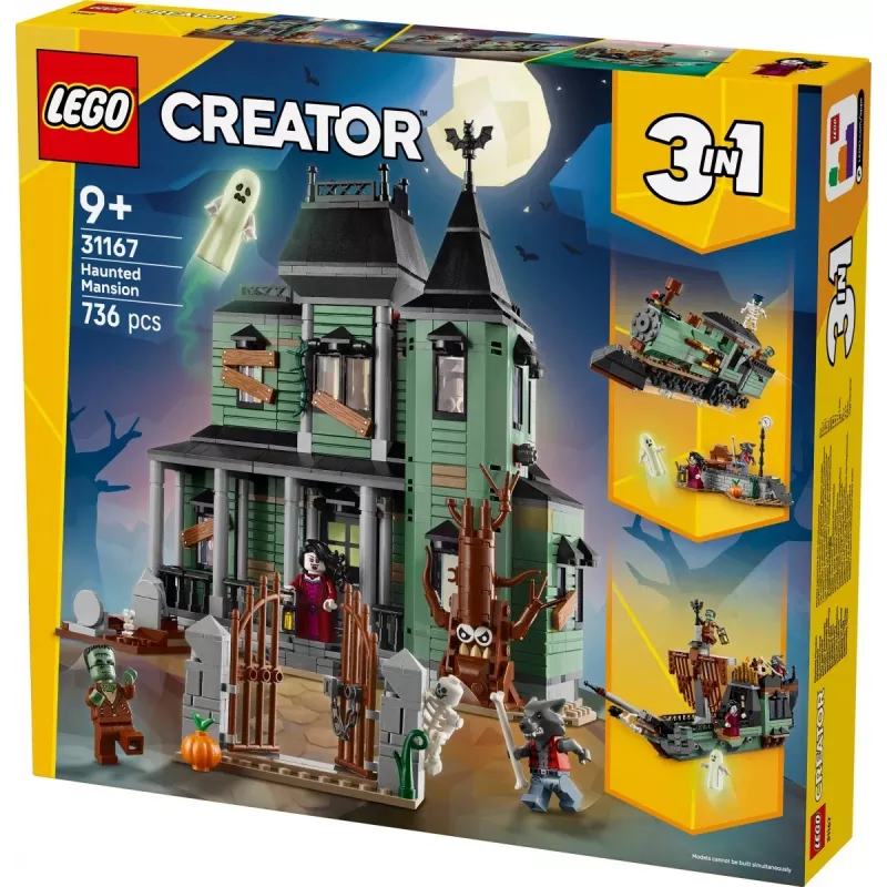 Konstruktorius LEGO Creator 3-in-1 Haunted House 31167 – 736 dalių, 3 modeliai, 5 minifigūrėlės