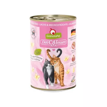 Šlapias kačių ėdalas Fox4Pets GranataPet DeliCATessen lašiša ir jūros gėrybės 400 g – be grūdų, pilnavertis suaugusioms katėms