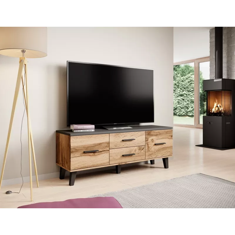TV stovas Cama Meble LOTTA 140 cm – wotan ąžuolo rėmas, juoda medžio drožlių plokštės viršus, 1400×400×530 mm