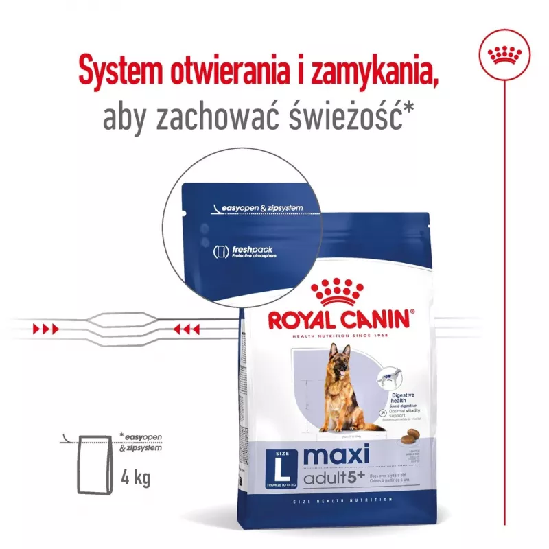 Sausas šunų ėdalas Royal Canin Maxi Adult 5+ 15 kg – vištiena, Baltymai 26%, Riebalai 17%