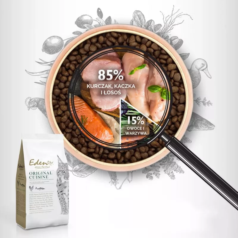 Sausas kačių ėdalas Eden Original Cousine 10 kg – pilnavertė mityba suaugusioms katėms, 43% baltymų, 23% riebalų, be grūdų ir glitimo