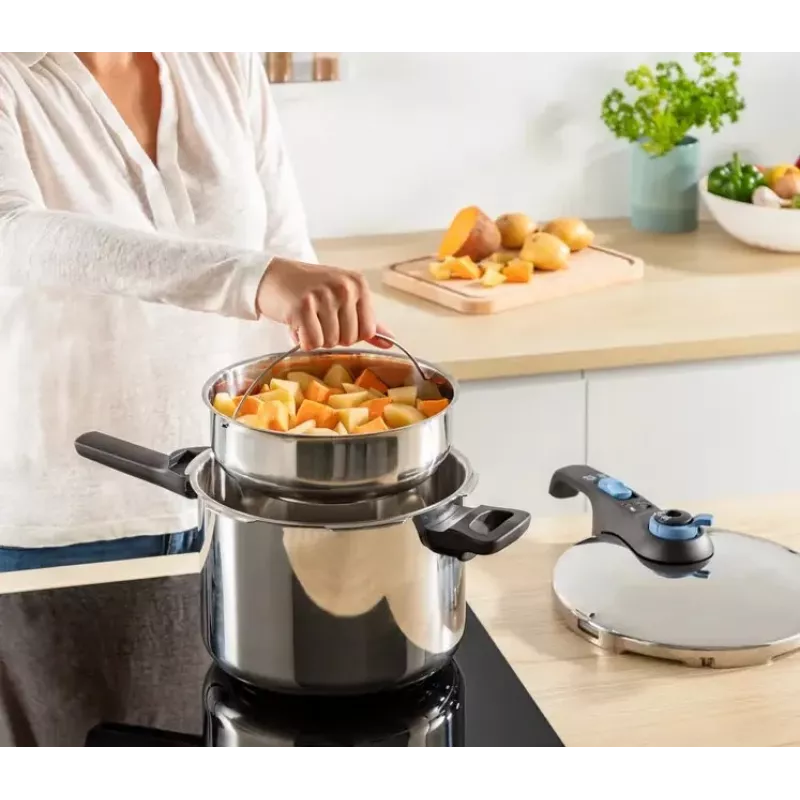 Slėginė viryklė Tefal SECURE TRENDY 6 L su nerūdijančio plieno garinimo krepšeliu, indukcijai tinkama