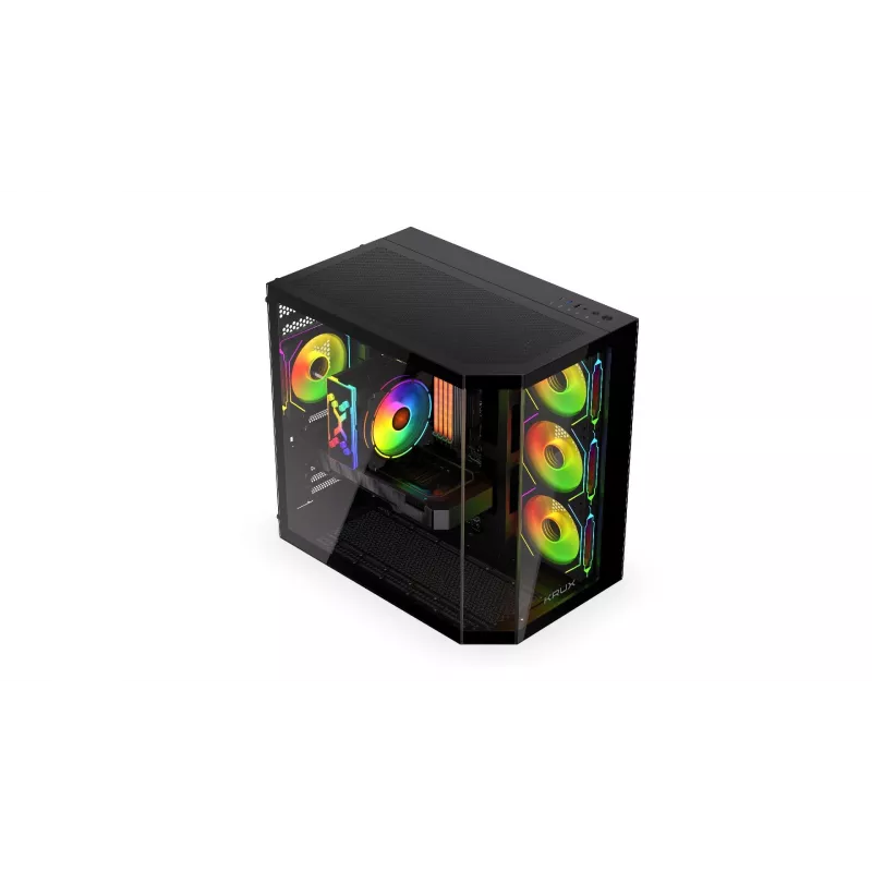 Krux Empero KRXD010 Midi Tower PC korpusas, ATX, su grūdinto stiklo skydu, 4 x 120 mm ARGB ventiliatoriai, juodos spalvos - GPU iki 420 mm, procesoriaus aušinimas iki 155 mm, 2x 3,5" + 3x 2,5" įdėklai