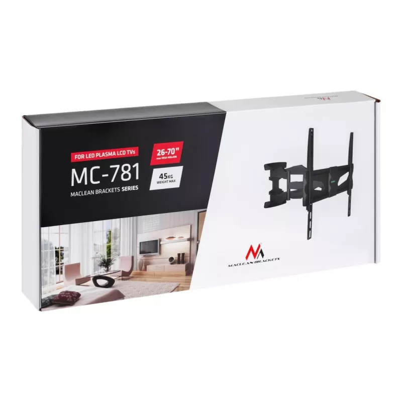 Sieninis TV laikiklis MACLEAN MC-781 66–177,8 cm (26–70 colių) ekranams, pakreipimas -12–2°, VESA 100x100–400x400, maks. apkrova 45 kg, juodas