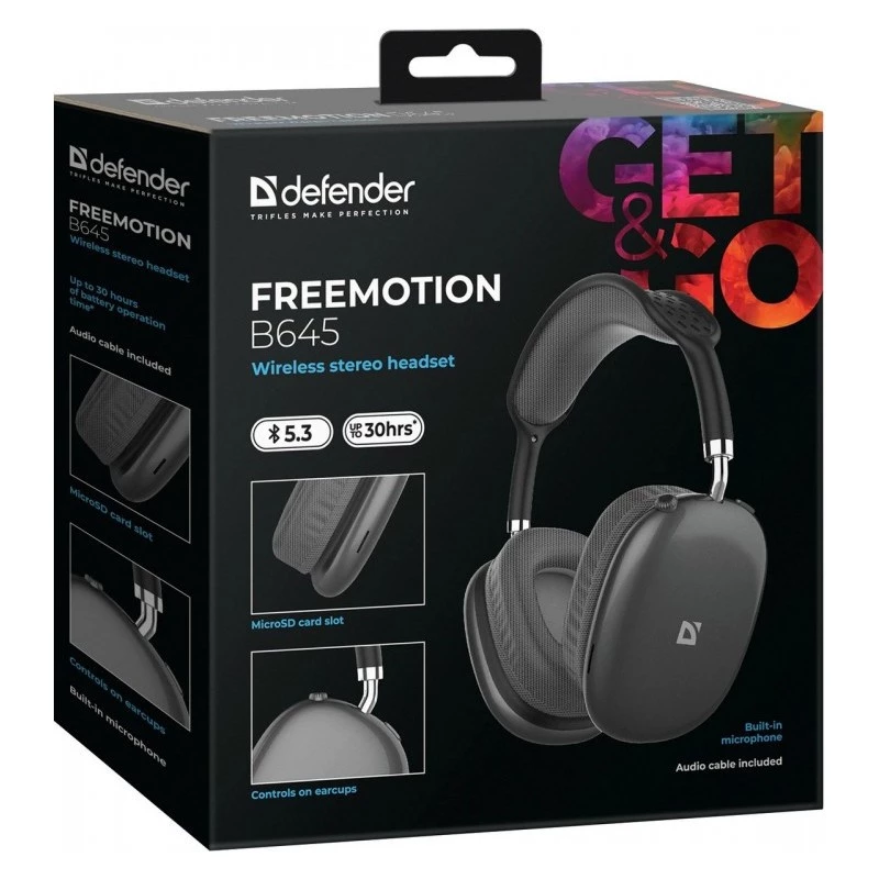 Defender FreeMotion B645 belaidės ausinės uždedamos ant ausų, Bluetooth 5.3, USB-C, 3,5 mm lizdas, integruotas mikrofonas, 20–20000 Hz, 105 dB, juodos