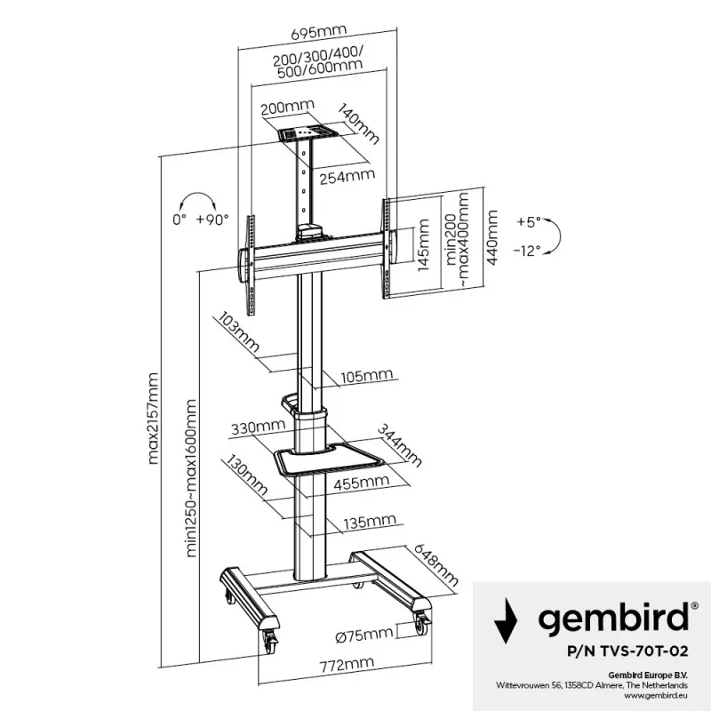 Grindinis TV stovas Gembird TVS-70T-02, 37–70 colių, 70 kg, VESA 200x200–600x400, pakreipimas ±5°/−12°, aukščio reguliavimas, ratukai, kabelių valdymas