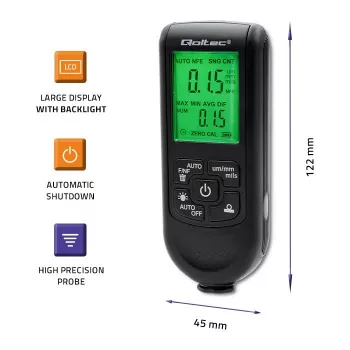Qoltec Dažų storio matuoklis su LCD ekranu | 0~2000 µm