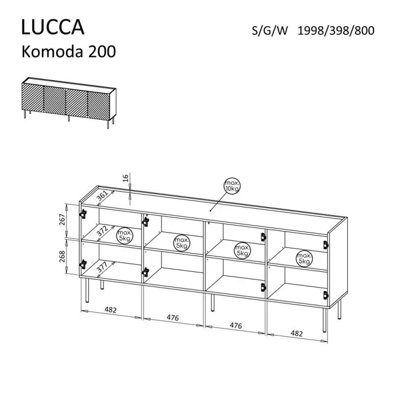 Komoda cama meble LUCCA 4D, 200×40×80 cm, juoda, medžio drožlių plokštės korpusas
