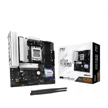Motininė plokštė ASROCK A620AM PRO RS WIFI AM5 microATX, AMD A620, 4×DDR5, Wi‑Fi, HDMI, DP, 3×M.2, 2×SATA, 7.1 garso, 1Gb LAN