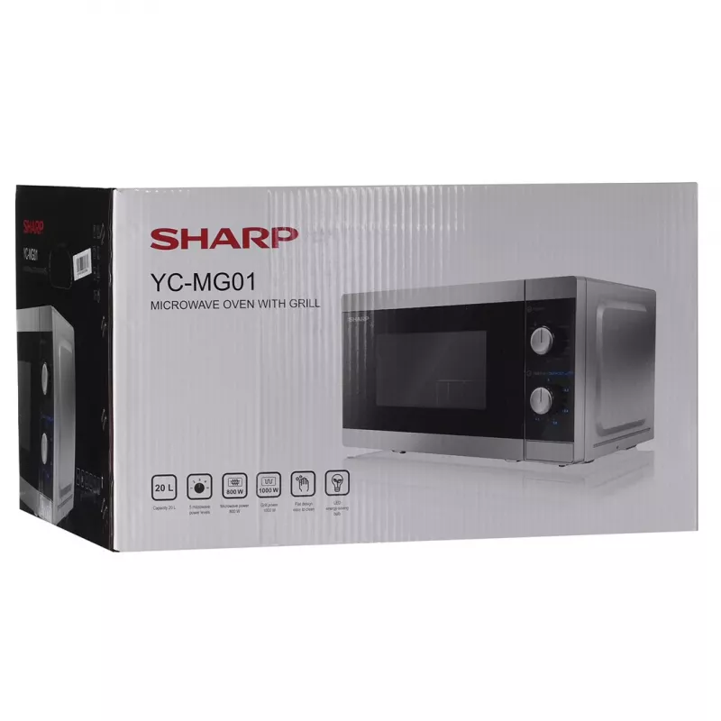 Kombinuota mikrobangų krosnelė Sharp YC-MG01E-S — 20 l, 800 W mikrobangos, 1000 W grilis, 5 galios lygiai, sukamasis valdiklis, 25,5 cm padėklas