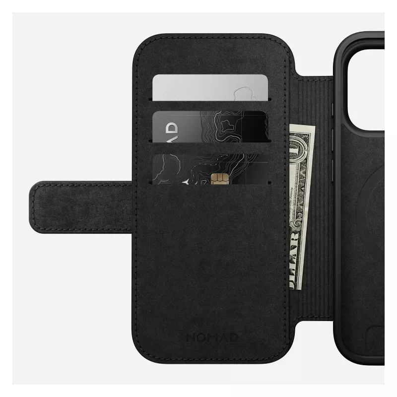Odinė dėklo-knygelė Nomad Modern Leather Folio, skirta iPhone 17 Pro, ruda, 6,3 colio (16 cm), 4 kortelių kišenės