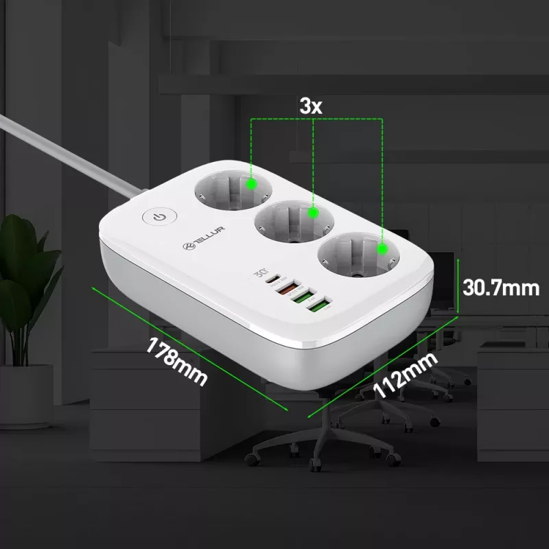 Power Strip Tellur TLL331521 Smart WiFi su 3 kištukiniais lizdais, PD 30W, QC 18W