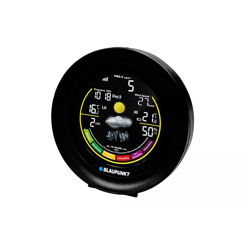 Oro stotis BLAUPUNKT WS35BK APP – LCD ekranas, temperatūra ir drėgmė, signalizacija, kalendorius, programėlės valdymas, 94×94×27 mm