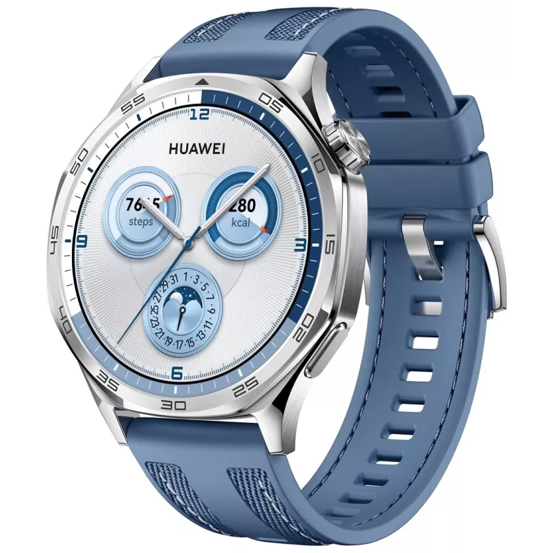 Išmanusis laikrodis HUAWEI WATCH GT5 46 mm – 1,43 colio AMOLED, GPS, 524 mAh, nerūdijančio plieno korpusas, mėlyna austa juosta