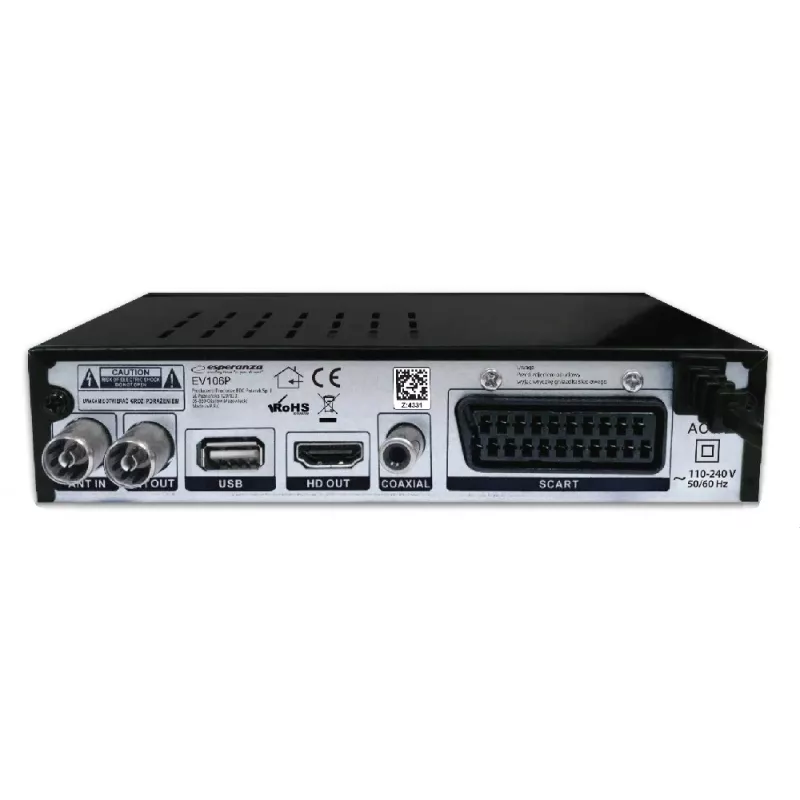 Set-top dėžutė ESPERANZA EV106R kabelinis imtuvas DVB-T2 / DVB-C HEVC H.265, HDMI, USB, PVR, Dolby Digital, 174–790 MHz, juoda