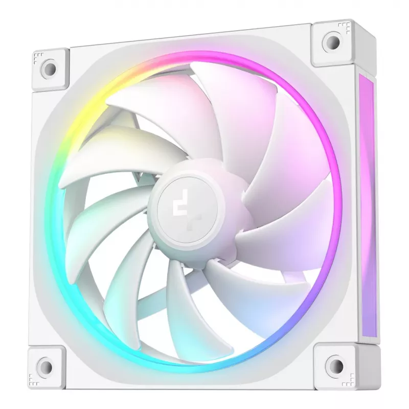 12 cm korpuso ventiliatorius DeepCool FL12 WH — 3 vnt. rinkinys, 120×120×25 mm, 2150 RPM, 55 CFM, Fluid Dynamic Bearing, PWM, kelių spalvų LED, 4 kontaktų