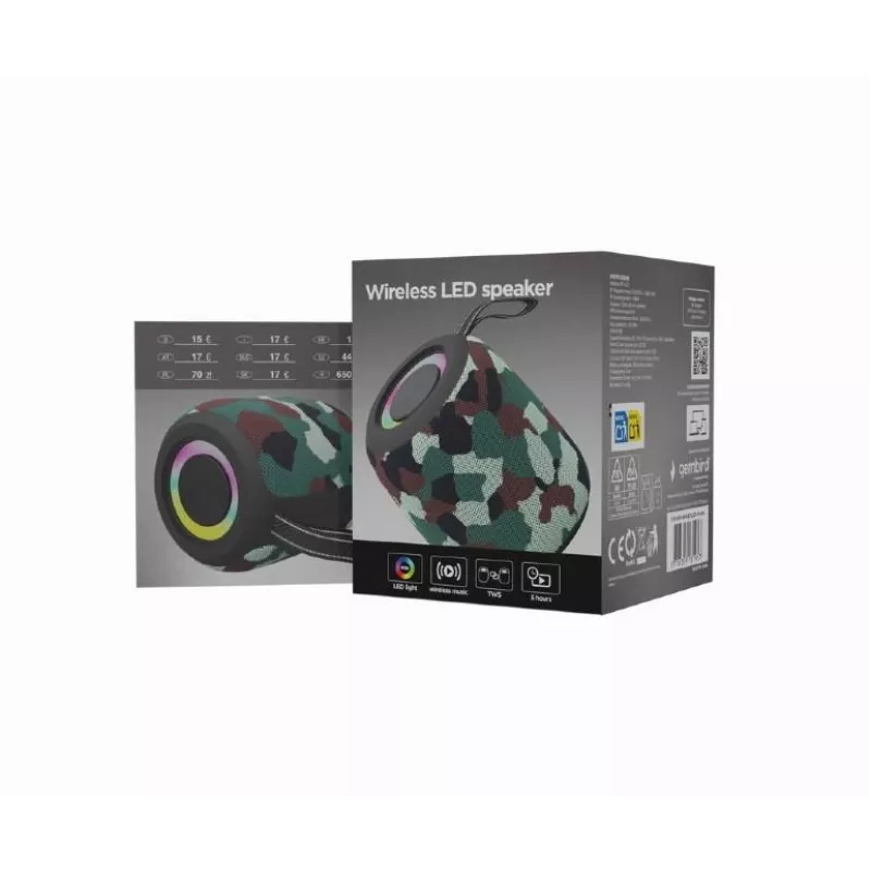 Gembird SPK-BT-LED-05-CM nešiojamoji Bluetooth kolonėlė su LED, kamufliažinės spalvos