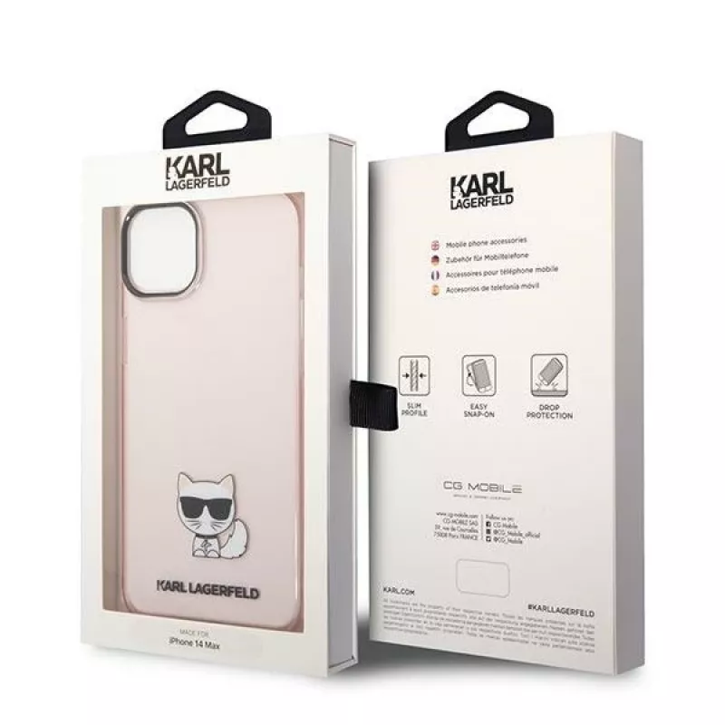 Karl Lagerfeld KLHCP14MCTRI Kietasis dėklas iPhone 14 Plus / 15 Plus 6,7 inch rožinis / permatomas rožinis su Choupette siluetu