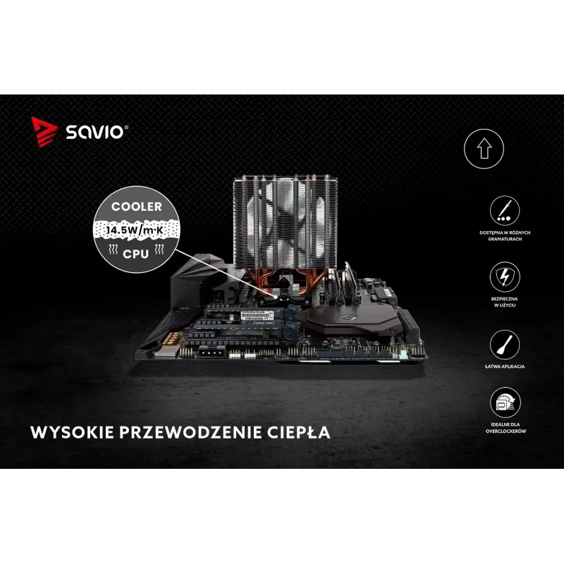 Termopasta SAVIO TG-04 2g – aukšto našumo šiluminė pasta CPU/GPU, tankis 2,81 g/cm³, pilka