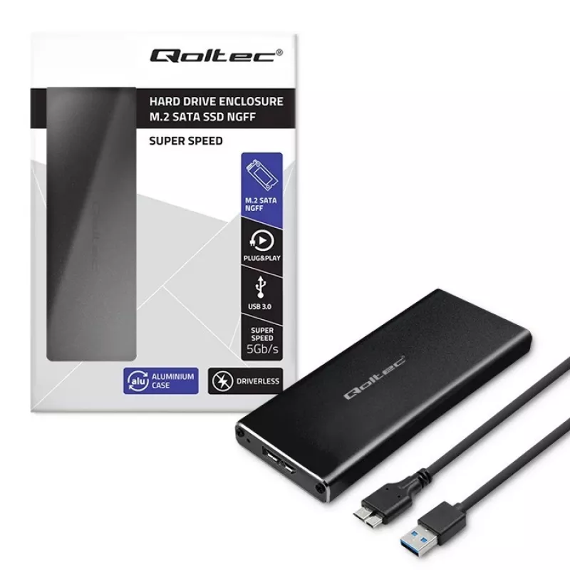 M.2 SATA SSD išorinis korpusas QOLTEC 51854 USB 3.0 be įrankių