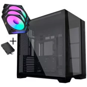 Lian Li O11 Vision Compact PC korpuso komplektas + 3x UNI FAN SL-INF 120 Reverse Blade ventiliatorius - juodas