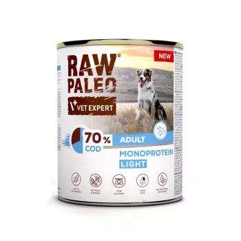 Šlapias šunų ėdalas VETEXPERT Raw Paleo Cod Light Adult 800 g skardinėje, žuvies skonio, 11,3% baltymų, 1,7% riebalų