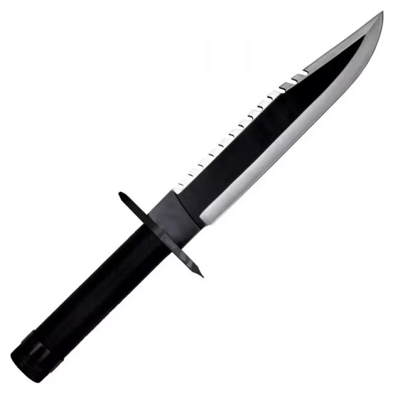 Fiksuoto peilio išgyvenimo peilis kino klasika Rambo I CC-H1 — 360 mm bendras ilgis, 225 mm dantyta plieninė geležtė, juodas odinis makštis