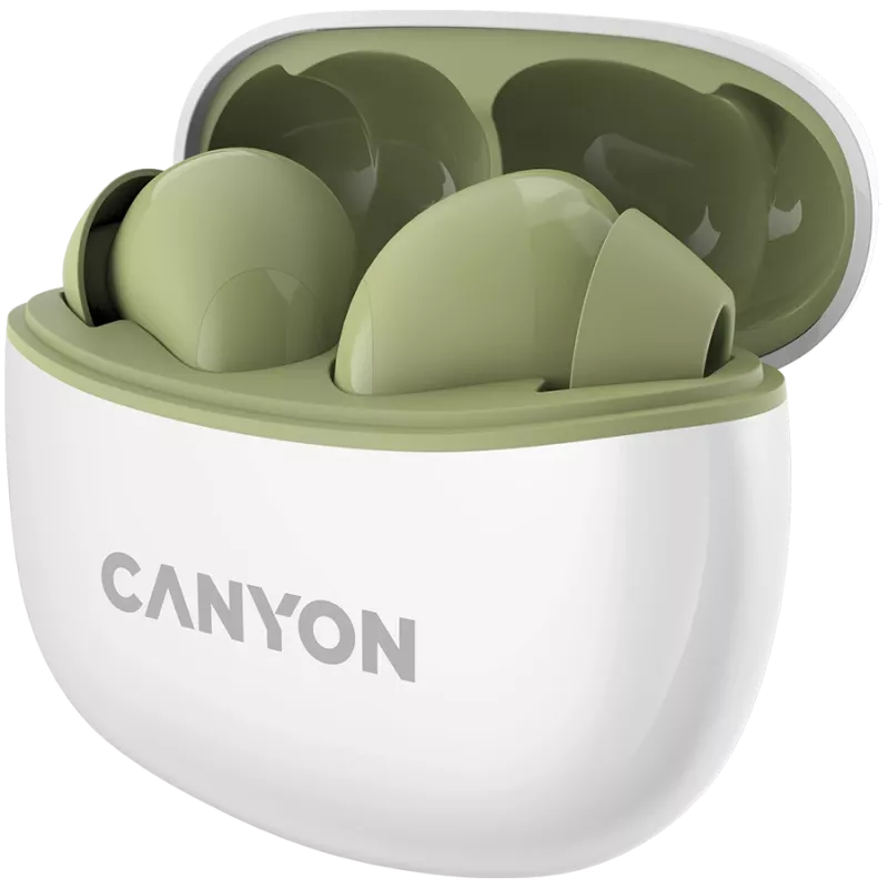 CANYON TWS-5 belaidės ausinės, žalios, Bluetooth 5.3, lietimui jautrūs valdikliai, USB-C įkrovimas