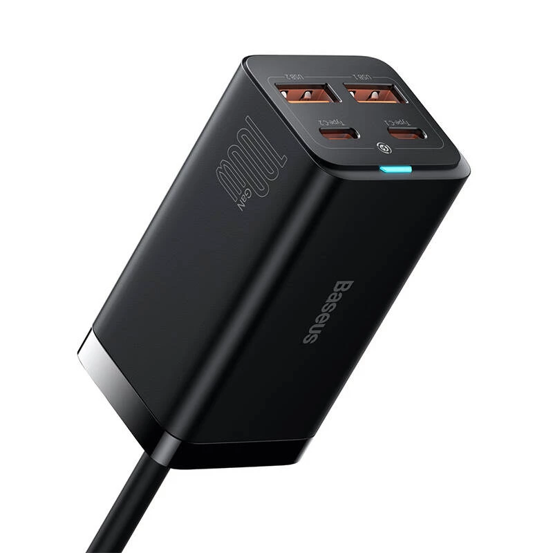 Baseus GaN3 Pro CCGP000101 stalinis kroviklis 100 W, 2x USB-C + 2x USB-A, PD 3.0, QC 4.0+, 1,5 m laidas, juodas