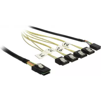 Vidinis Mini SAS į 4×SATA laidas DELOCK 1 m — Mini SAS SFF-8087 į 4×SATA 7 kontaktų, juoda/sidabrinė/geltona