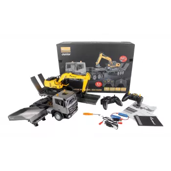 Amewi 2-in-1 Low Loader and Excavator Set G836E/G041E 1:24 RTR mastelis – paruoštas naudoti žemagrindis puspriekabė ir ekskavatorius