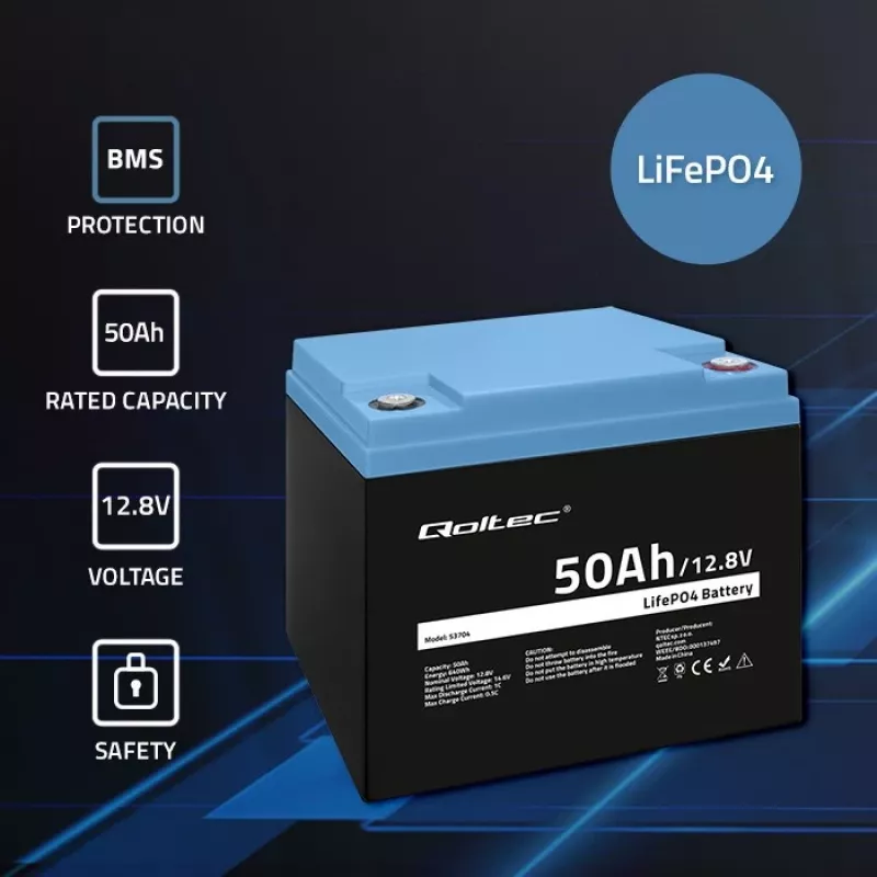 LiFePO4 akumuliatorius QOLTEC 12.8V 50Ah (model 53704) atsarginiam maitinimui ir energijos kaupimui