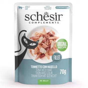 Šlapias kačių ėdalas Agras Pet Foods SCHESIR Tunas su merlanga želėje, 70 g, be grūdų, be sojos ir be glitimo