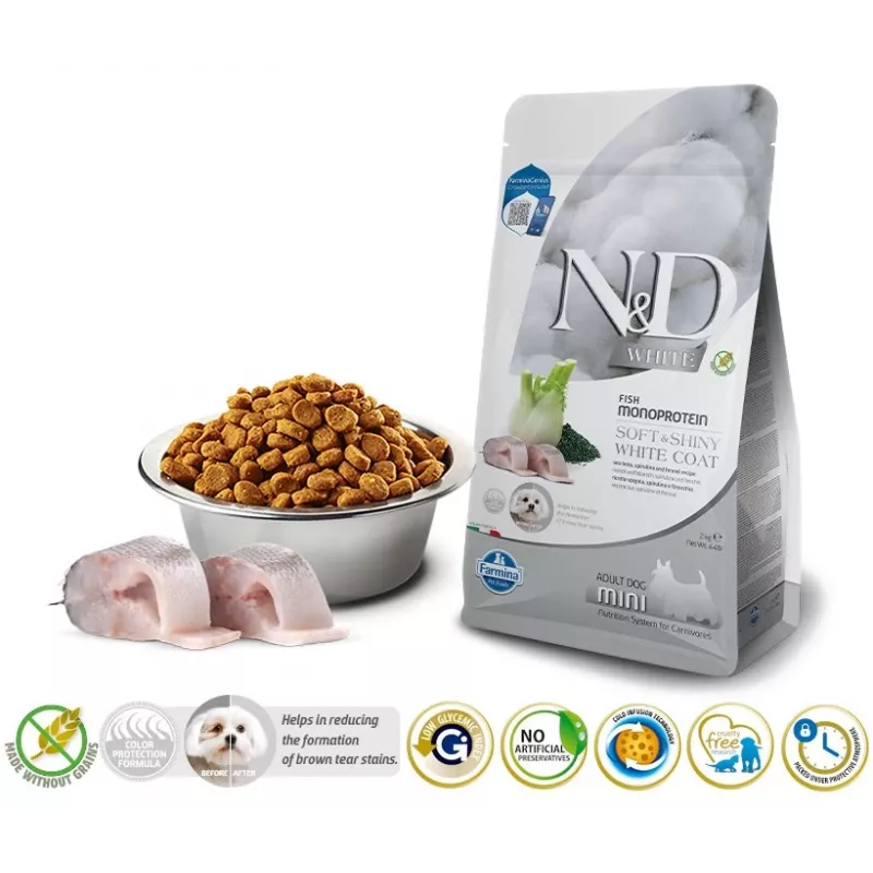 Sausas šunų ėdalas Farmina N&D Sea Bass Spirulina Fennel Adult Mini 2 kg – žuvies receptūra mažiems suaugusiems šunims, 23% baltymų, 18% riebalų