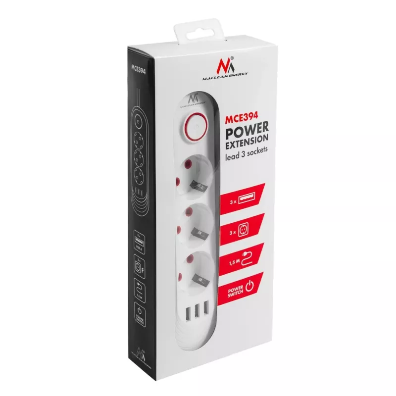 Maitinimo juosta MACLEAN MCE394W – 3 lizdai, 3×USB 2.1A, 110–240V AC, 2500W, 1,5 m laidas, balta
