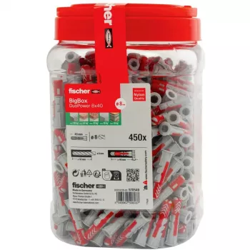 fischer Sieninis kaištis DUOPOWER 8x40 BigBox šviesiai pilkas/raudonas 450 vnt. uždaroma pakuotė (570549)