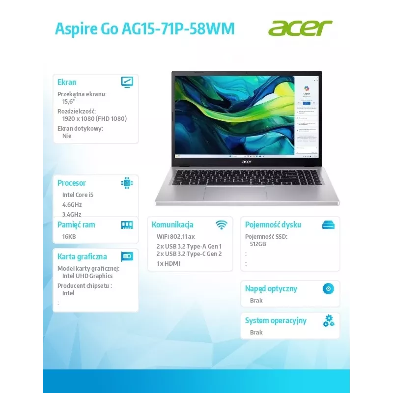 Nešiojamas kompiuteris Acer Aspire Go 15 AG15-71P-58WM — 15,6 colio Full HD, Intel Core i5-1334U, 16 GB DDR5, 512 GB SSD, FreeDOS, sidabrinis